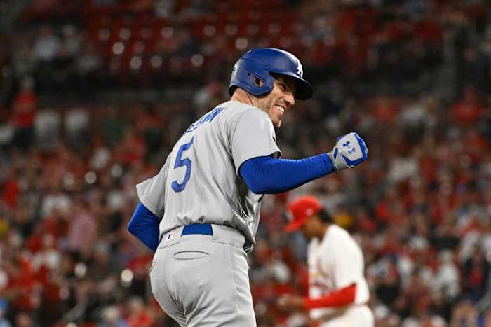 May 18, 2023; St. Louis, Missouri, USA; Los Angeles Dodgers first baseman Freddie Freeman (5) reacts after hitting a grand slam against the St. Louis Cardinals in the sixth inning at Busch Stadium. Mandatory Credit: Joe Puetz-USA TODAY Sports